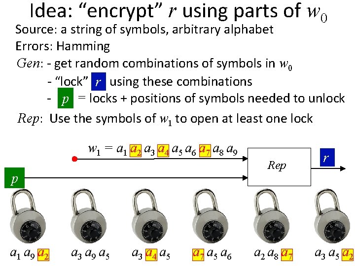 Idea: “encrypt” r using parts of w 0 Source: a string of symbols, arbitrary