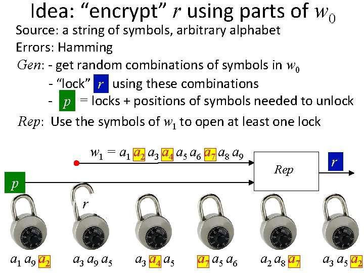 Idea: “encrypt” r using parts of w 0 Source: a string of symbols, arbitrary