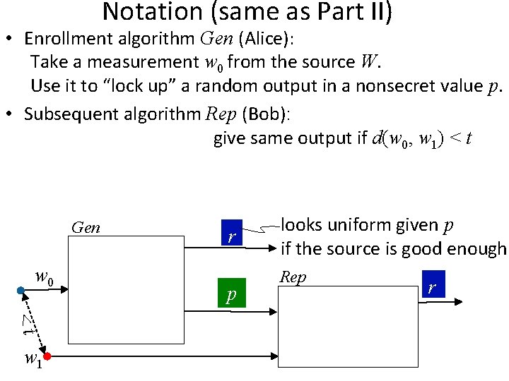 Notation (same as Part II) • Enrollment algorithm Gen (Alice): Take a measurement w