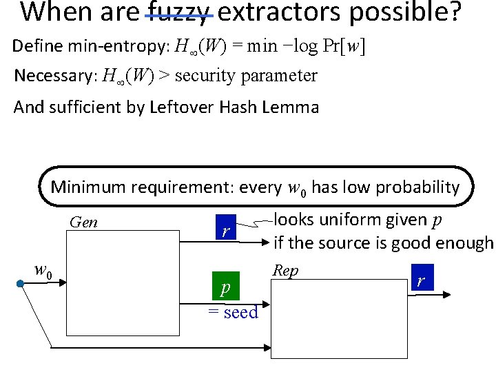 When are fuzzy extractors possible? Define min-entropy: H (W) = min −log Pr[w] Necessary: