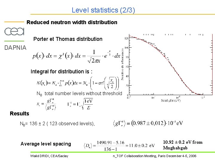 Level statistics (2/3) Reduced neutron width distribution Porter et Thomas distribution DAPNIA Integral for