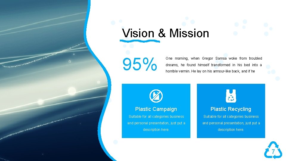 Vision & Mission 95% One morning, when Gregor Samsa woke from troubled dreams, he