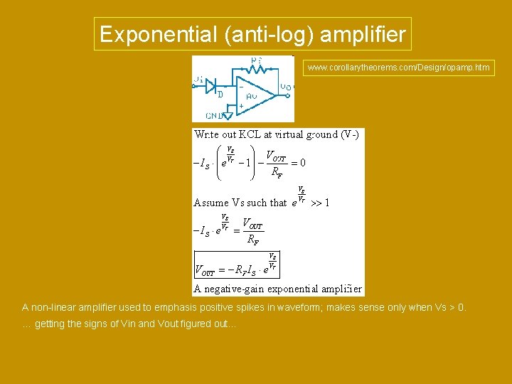 Exponential (anti-log) amplifier www. corollarytheorems. com/Design/opamp. htm A non-linear amplifier used to emphasis positive