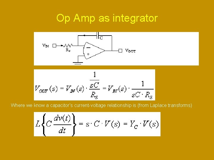 Op Amp as integrator Where we know a capacitor’s current-voltage relationship is (from Laplace