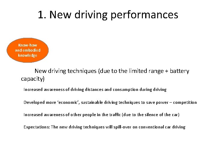 1. New driving performances Know-how and embodied knowledge New driving techniques (due to the