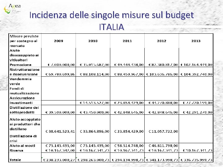 Incidenza delle singole misure sul budget ITALIA 