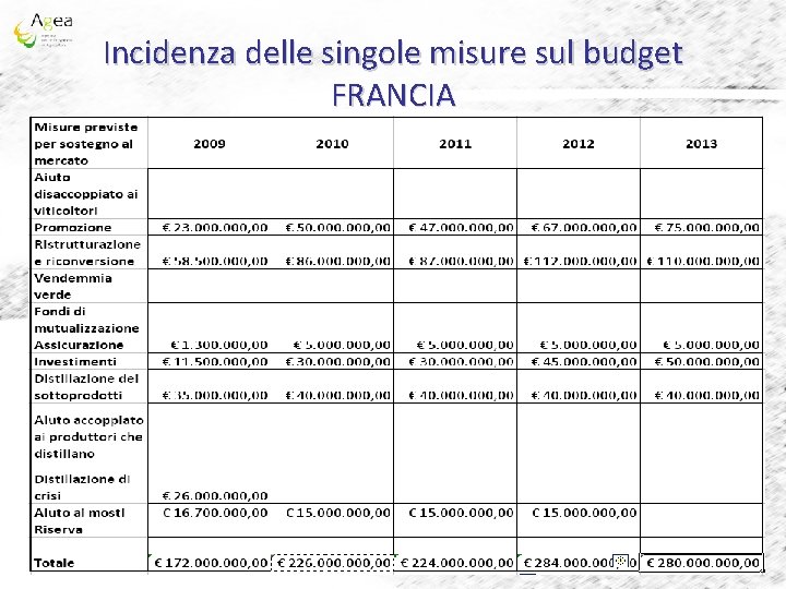 Incidenza delle singole misure sul budget FRANCIA 
