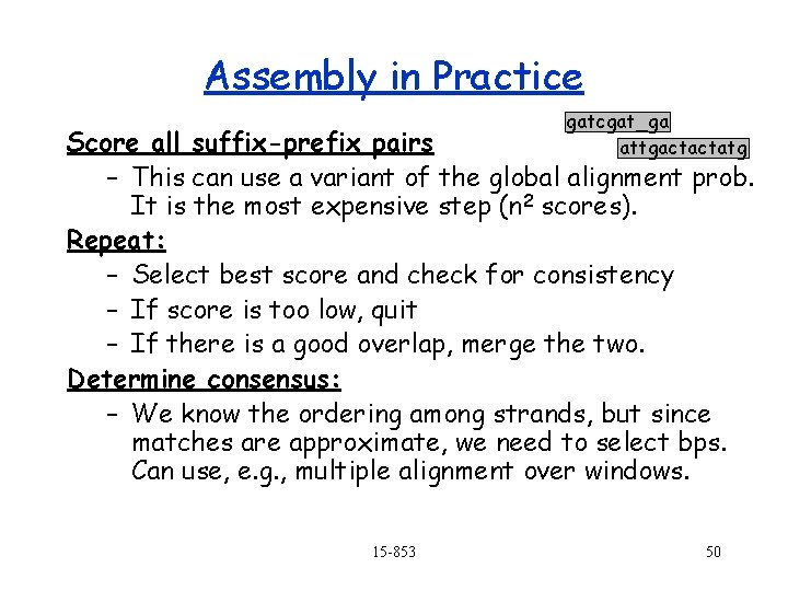 Assembly in Practice gatcgat_ga attgactactatg Score all suffix-prefix pairs – This can use a