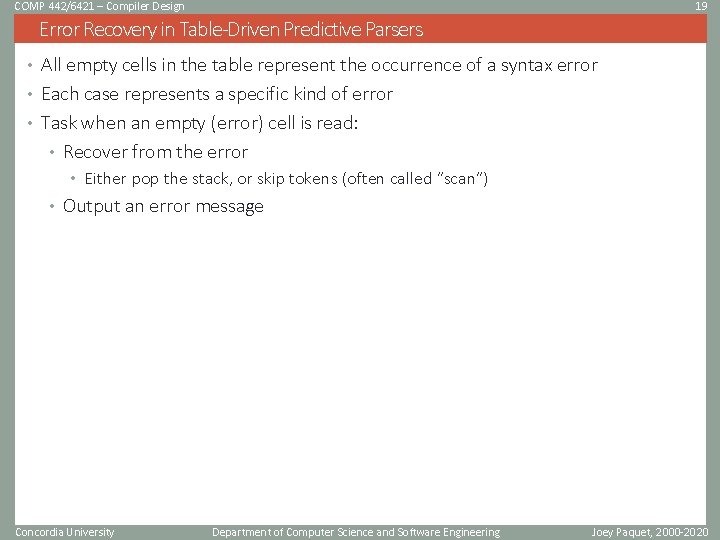 COMP 442/6421 – Compiler Design 19 Error Recovery in Table-Driven Predictive Parsers • All