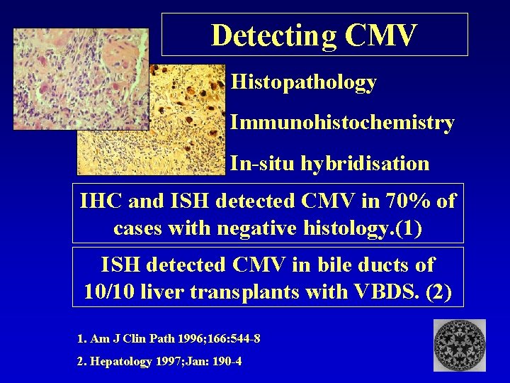 Detecting CMV Histopathology Immunohistochemistry In-situ hybridisation IHC and ISH detected CMV in 70% of