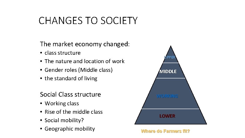 CHANGES TO SOCIETY The market economy changed: • • class structure The nature and