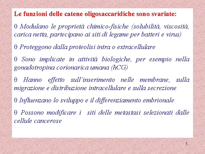 Le funzioni delle catene oligosaccaridiche sono svariate: q Modulano le proprietà chimico-fisiche (solubilità, viscosità,