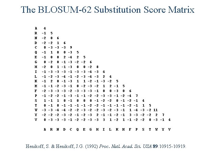 The BLOSUM-62 Substitution Score Matrix A R N D C Q E G H