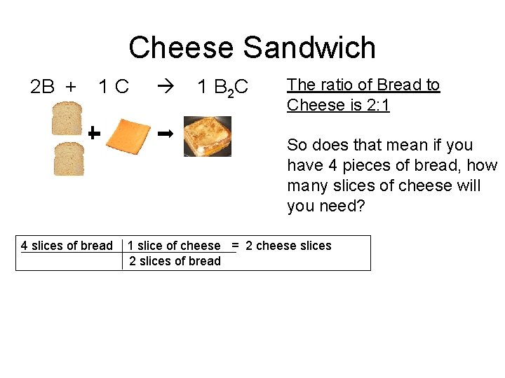 Cheese Sandwich 2 B + 1 C 1 B 2 C The ratio of