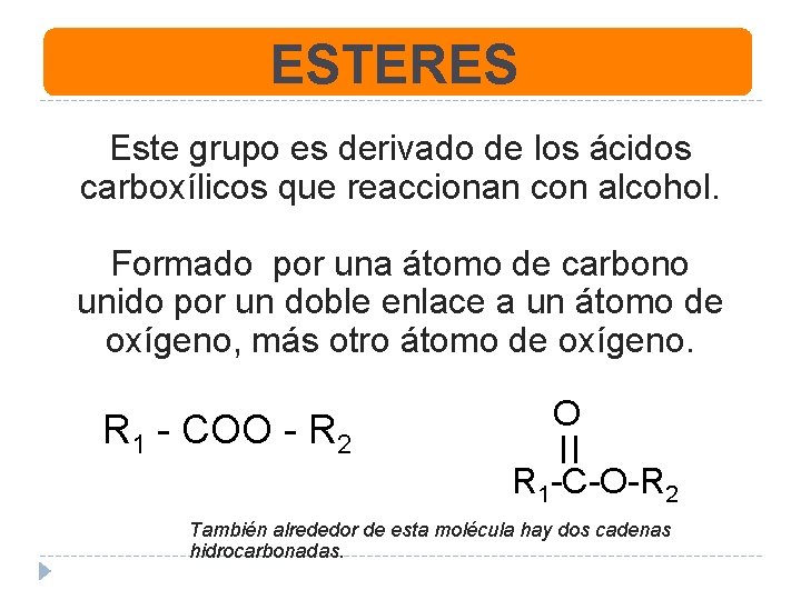 ESTERES Este grupo es derivado de los ácidos carboxílicos que reaccionan con alcohol. Formado