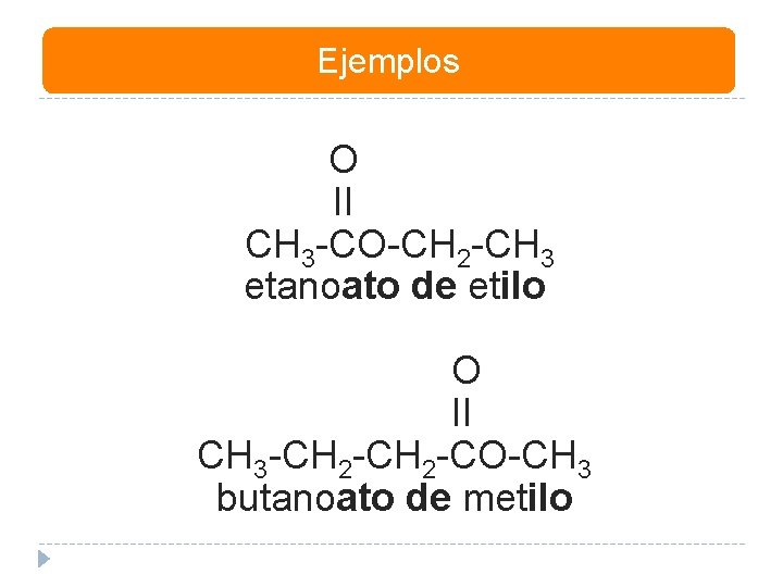 Ejemplos O II CH 3 -CO-CH 2 -CH 3 etanoato de etilo O II