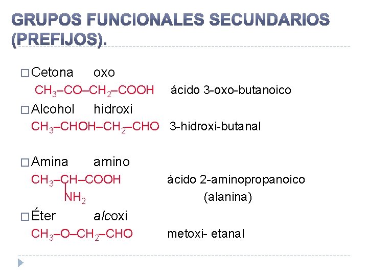 � Cetona oxo CH 3–CO–CH 2–COOH � Alcohol ácido 3 -oxo-butanoico hidroxi CH 3–CHOH–CH