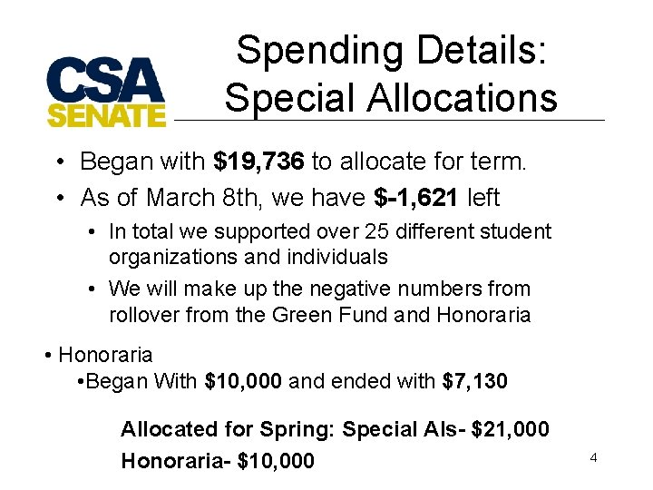 Spending Details: Special Allocations • Began with $19, 736 to allocate for term. •