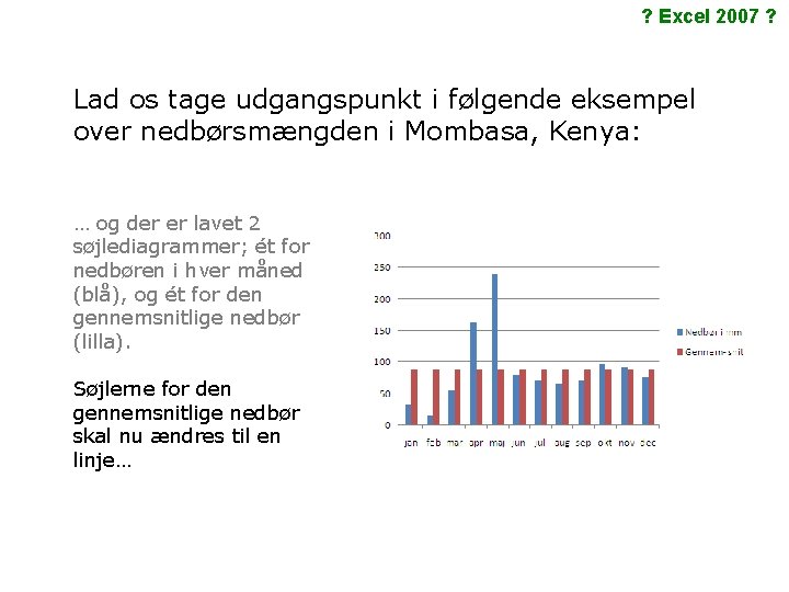 ? Excel 2007 ? Lad os tage udgangspunkt i følgende eksempel over nedbørsmængden i
