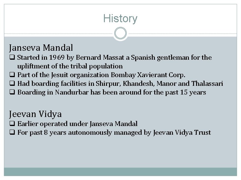 History Janseva Mandal q Started in 1969 by Bernard Massat a Spanish gentleman for