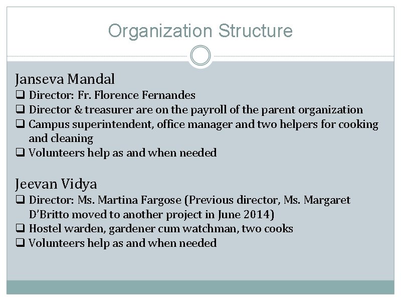 Organization Structure Janseva Mandal q Director: Fr. Florence Fernandes q Director & treasurer are