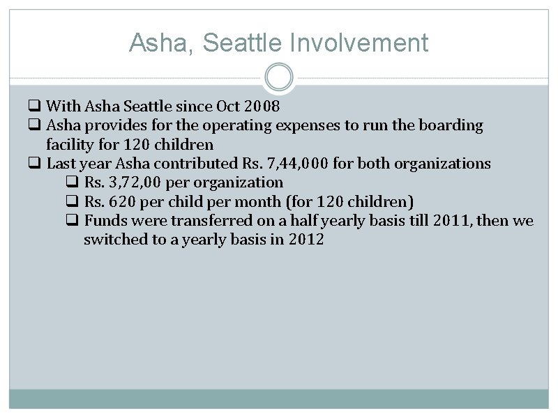 Asha, Seattle Involvement q With Asha Seattle since Oct 2008 q Asha provides for