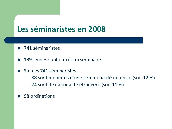 Les séminaristes en 2008 l 741 séminaristes l 139 jeunes sont entrés au séminaire