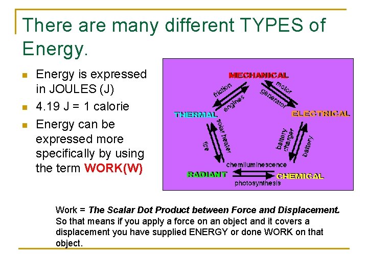 There are many different TYPES of Energy. n n n Energy is expressed in