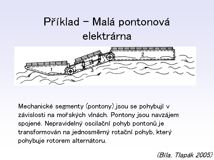 Příklad – Malá pontonová elektrárna Mechanické segmenty (pontony) jsou se pohybují v závislosti na