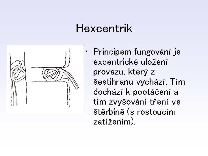 Hexcentrik • Principem fungování je excentrické uložení provazu, který z šestihranu vychází. Tím dochází