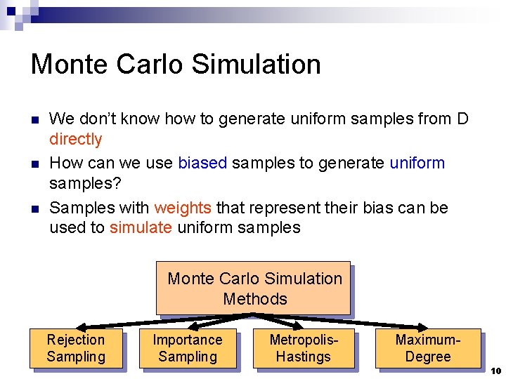 Monte Carlo Simulation n We don’t know how to generate uniform samples from D