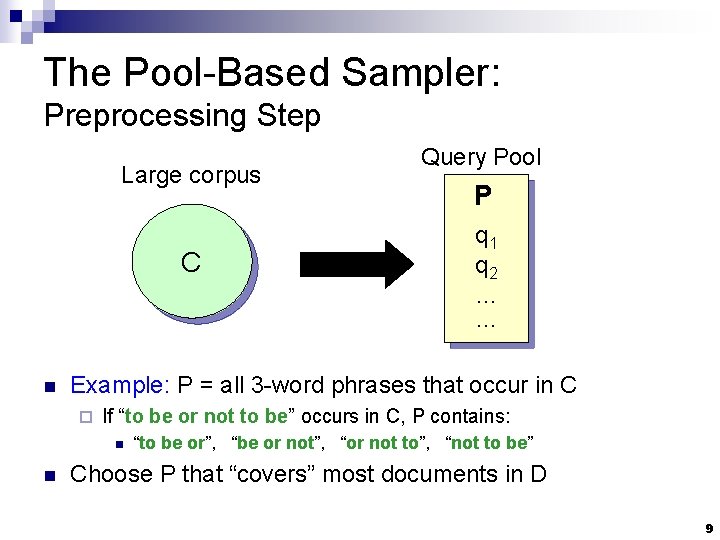 The Pool-Based Sampler: Preprocessing Step Large corpus C n P q 1 q 2