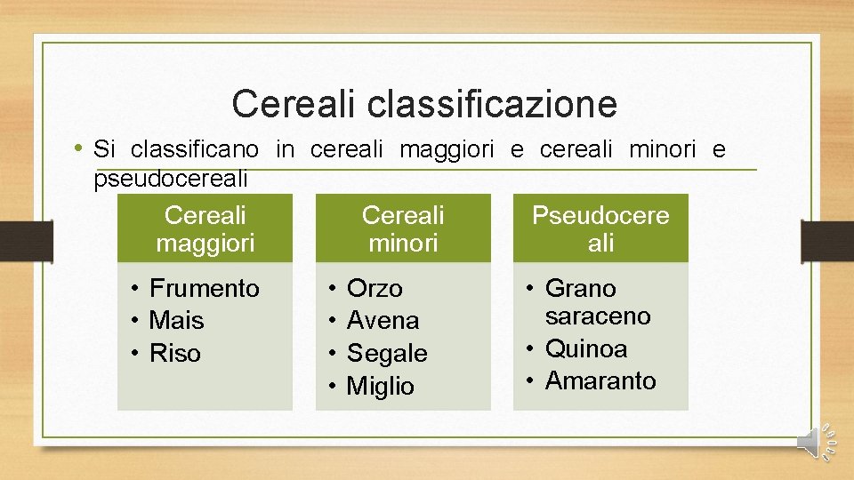 Cereali classificazione • Si classificano in cereali maggiori e cereali minori e pseudocereali Cereali