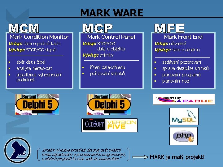 MARK WARE Mark Condition Monitor Vstup: data o podmínkách Výstup: STOP/GO signál § §