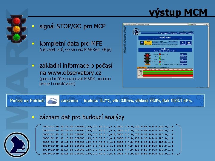 výstup MCM § signál STOP/GO pro MCP § kompletní data pro MFE (uživatel vidí,