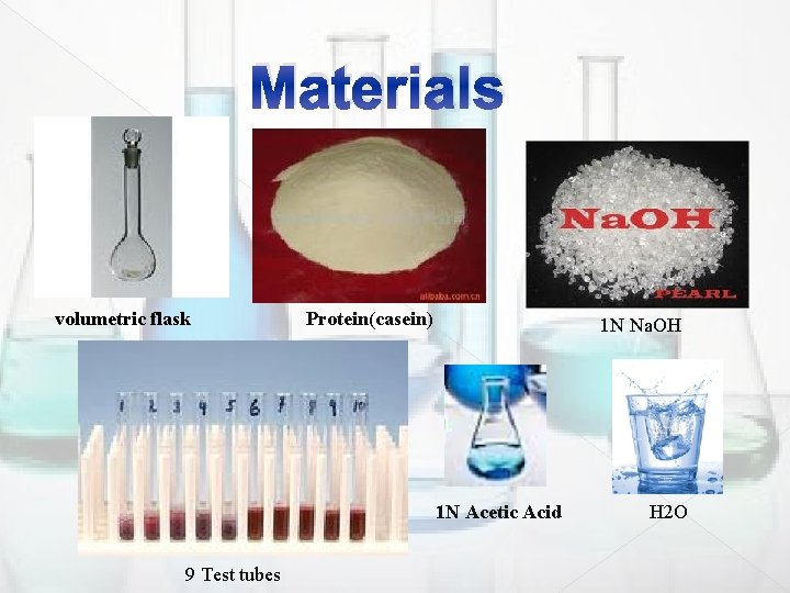 Materials volumetric flask Protein(casein) 1 N Na. OH 1 N Acetic Acid 9 Test