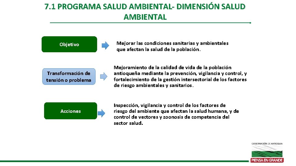 7. 1 PROGRAMA SALUD AMBIENTAL- DIMENSIÓN SALUD AMBIENTAL Objetivo Transformación de tensión o problema