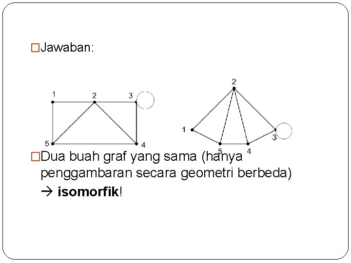 �Jawaban: �Dua buah graf yang sama (hanya penggambaran secara geometri berbeda) isomorfik! 49 