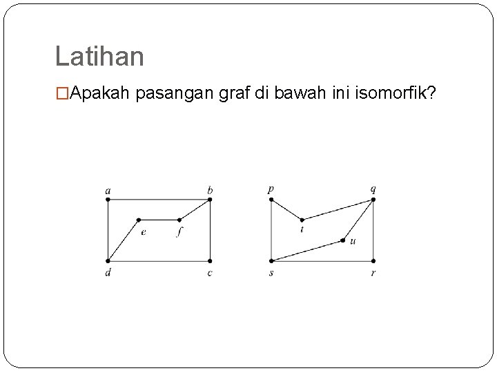 Latihan �Apakah pasangan graf di bawah ini isomorfik? 56 