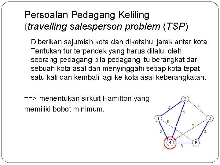 Persoalan Pedagang Keliling (travelling salesperson problem (TSP) Diberikan sejumlah kota dan diketahui jarak antar