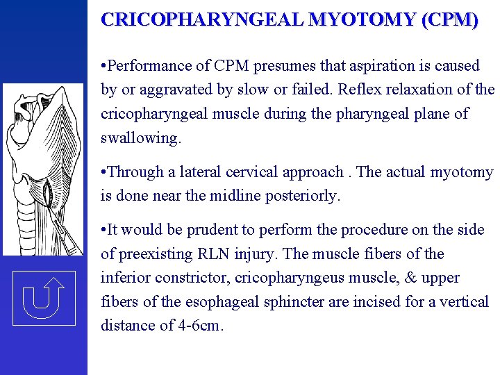 CRICOPHARYNGEAL MYOTOMY (CPM) • Performance of CPM presumes that aspiration is caused by or