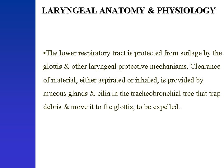 LARYNGEAL ANATOMY & PHYSIOLOGY • The lower respiratory tract is protected from soilage by