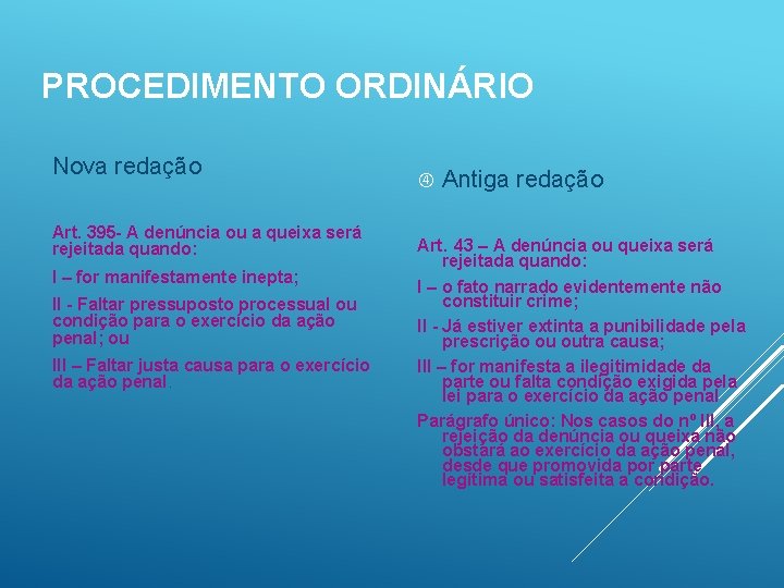 PROCEDIMENTO ORDINÁRIO Nova redação Art. 395 - A denúncia ou a queixa será rejeitada