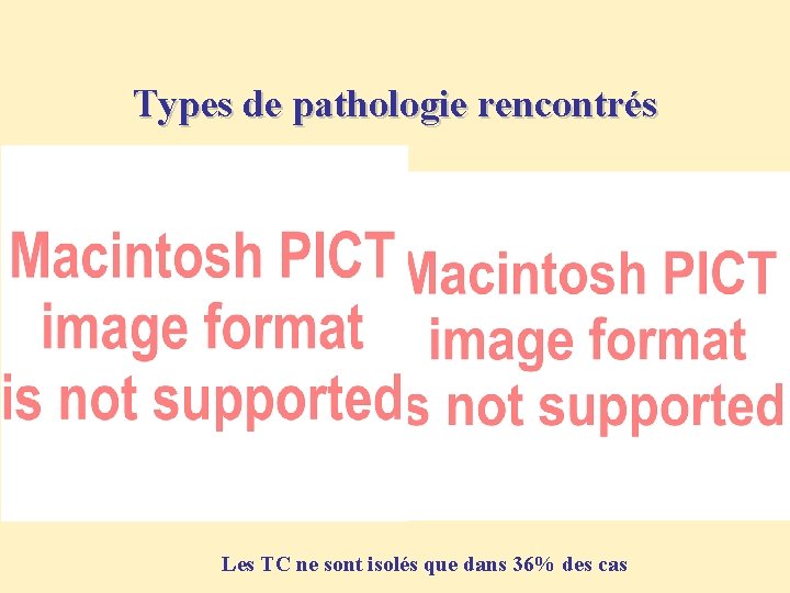 Types de pathologie rencontrés Les TC ne sont isolés que dans 36% des cas