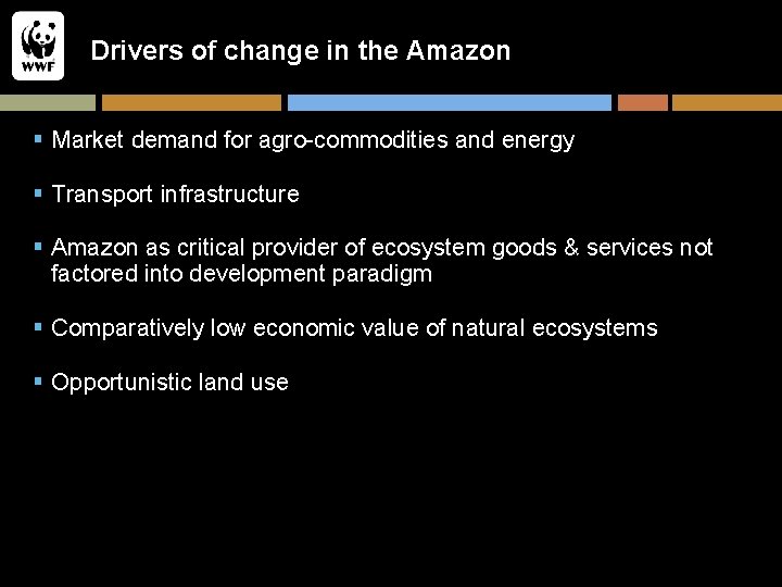 Drivers of change in the Amazon § Market demand for agro-commodities and energy §