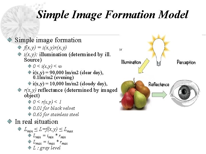 Simple Image Formation Model Simple image formation f(x, y) = i(x, y)r(x, y) i(x,