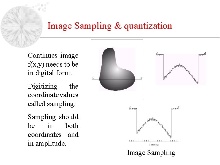 Image Sampling & quantization Continues image f(x, y) needs to be in digital form.