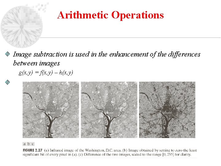 Arithmetic Operations Image subtraction is used in the enhancement of the differences between images