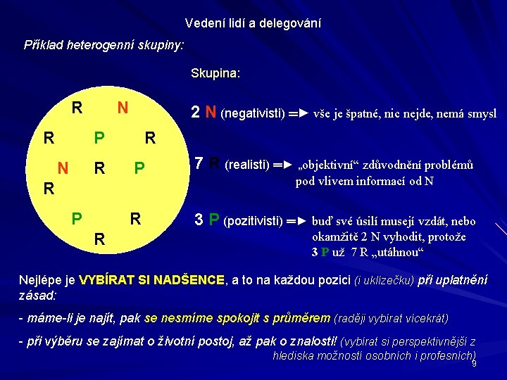 Vedení lidí a delegování Příklad heterogenní skupiny: Skupina: R R N 2 N (negativisti)