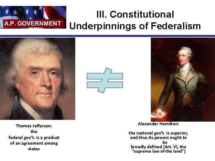 III. Constitutional Underpinnings of Federalism Thomas Jefferson: the federal gov’t. is a product of
